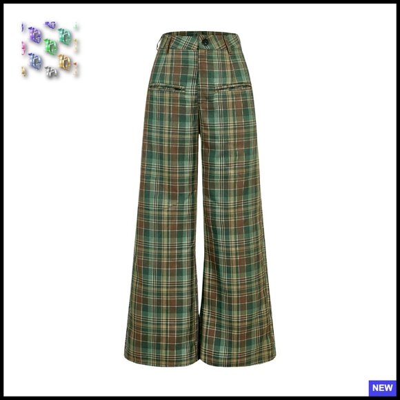 Plaid Wide Leg Pants High Waist Casual Trousers Polyester Y2K Chic